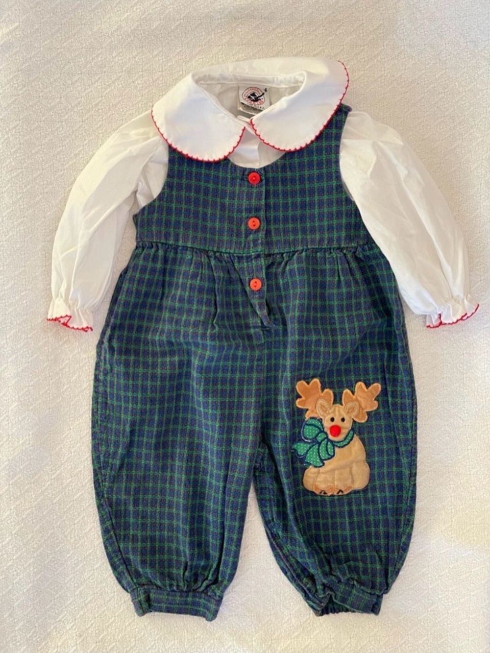 Good Lad Vintage Holiday Green Plaid Reindeer Appliqué Romper Peter Pan Collar